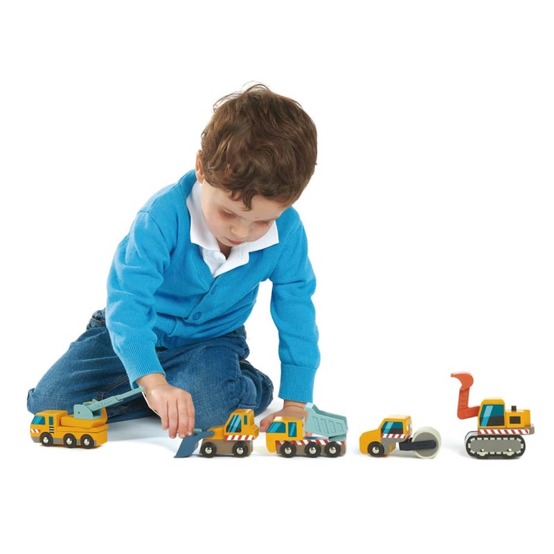 Tender Leaf Toys - Construction Site - Four Heavy Vehicles with Crane Truck, Road Roller, Dump Truck and Front Loader - Build Your Own Construction Site and Develops Fine Motor Skills for Children 3+ - Image 4